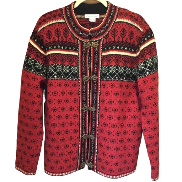 Vintage Carroll Reed Fair Isle Red Black Wool Cardigan Ski Sweater Size-Large - Picture 1 of 16